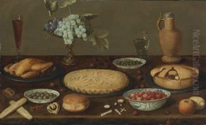 Still Life With Meat Pies, A Roast Fowl, Olives, Capers And Strawberries In Blue And White Porcelain Bowls, A Tazza With Grapes, A Roemer Filled With Wine, A Ceramic Jug And Other Items, All On A Wood Table by Jacob Foppens Van Es: