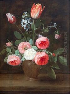 Bloemstilleven Van Rozen, Tulpen En Trosnarcissen In Een Stenen Vaas by Jacob Foppens Van Es: