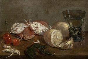 Still Life Of Crabs, Lemons, Cherries And A Wineglass On A Wooden Table by Jacob Foppens Van Es: