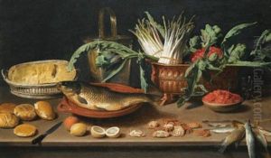 Still Life With A Fish On A Terracotta Plate, Bunches Of Asparagus, Artichokes, And Cherries In A Dish, Together With Half A Cheese In A Basket, Bread Rolls, Fraises De Bois, Lemons, Oranges, And Crabs by Jacob Foppens Van Es: