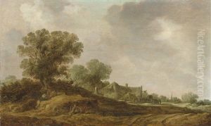 A Dune Landscape With Figures Resting By A Path, Boats On A Lake Beyond by Jacob Fopsen van Es