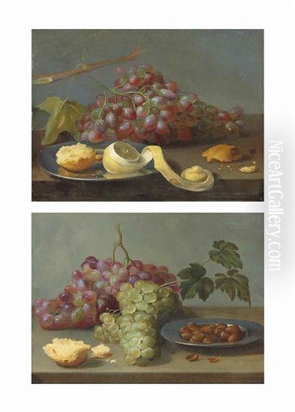 Grapes With A Peeled Lemon And Bread On A Pewter Plate, On A Ledge; And Grapes With Bread And Hazelnuts On A Pewter Plate, Both On A Ledge - view 1