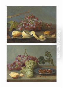 Grapes With A Peeled Lemon And Bread On A Pewter Plate, On A Ledge; And Grapes With Bread And Hazelnuts On A Pewter Plate, Both On A Ledge by Jacob Fopsen van Es