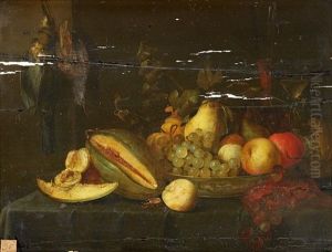 Nature Morte Au Melon D"eau Et Coupe De Fruits Sur Un Entablement by Jacob Fopsen van Es