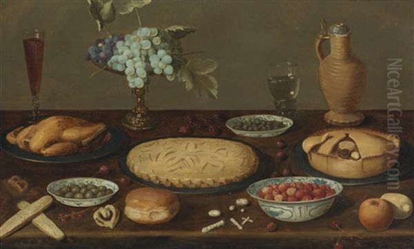 Still Life With Meat Pies, A Roast Fowl, Olives, Capers And Strawberries In Blue And White Porcelain Bowls, A Tazza With Grapes, A Roemer Filled With Wine, A Ceramic Jug And Other Items, All On A Wood Table - view 1