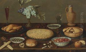 Still Life With Meat Pies, A Roast Fowl, Olives, Capers And Strawberries In Blue And White Porcelain Bowls, A Tazza With Grapes, A Roemer Filled With Wine, A Ceramic Jug And Other Items, All On A Wood Table by Jacob Fopsen van Es