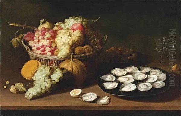 Oysters On A Pewter Platter With Grapes And Walnuts In A Wicker-basket, On A Wooden Table - view 1