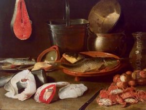Stillleben Mit Kuchengeschirr Und Fischen Sowie Meereskrebsen by Jacob Fopsen van Es
