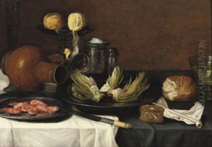 Artichokes And Shrimps On Pewter Plates, A Jug, A Knife, A Peeled Lemon And An Orange On A Tazza