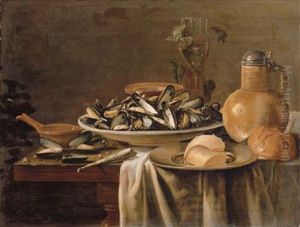 Mussels In A Porcelain Bowl, A Stoneware Flagon, A Roemer And A Bread Roll On A Partially-draped Table