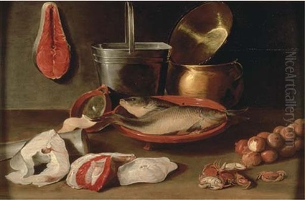 Bream In A Stoneware Bowl With Onions, Crabs, Fish Filets, A Bucket And Copper Pots On A Ledge - view 1