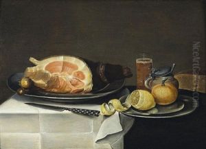 Still Life With A Leg Of Ham On A Pewter Plate Together With A Lemon And Apple And A Glass Of Ale
