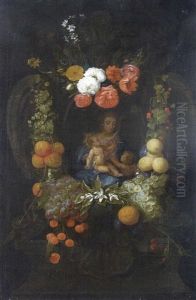 Guirlande De Fleurs Et De Fruits Entourant La Vierge A L'enfant Avec Saint Jean-baptiste by Jacob Fopsen van Es