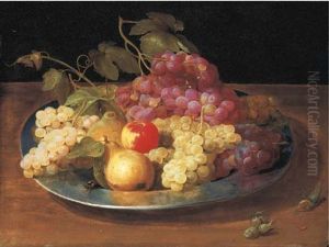 Grapes, An Apple And Pears With A Beetle In A Pewter Bowl On A Ledge With Rosebuds by Jacob Fopsen van Es