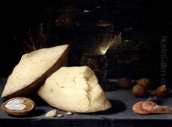 Still Life Of Cheese, A Roemer Of Wine, A Walnut, Hazelnuts And Two Shrimps On A Table-top - view 1