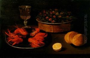 Des Ecrevisses Dans Une Assiette En Etain, Un Verre De Vin, Des Noisettes Dans Un Plat, Un Citron Et Du Pain Sur Un Entablement En Bois by Jacob Fopsen van Es