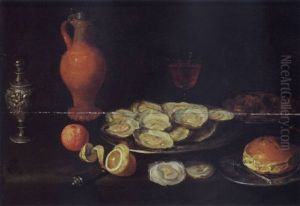 A Still Life With Oysters, Chestnuts, And A Roll Together With A Fork, All On Pewter Plates, A Peeled Lemon, An Orange And Other Items On A Draped Table by Jacob Fopsen van Es