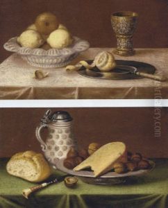 Lemons In An Earthenware Dish, A Silver Gilt Goblet, A Pewter Plate On A Draped Table Lemons In An Earthenware Dish, A Silver Gilt Goblet, A Pewter Plate On A Draped Table
