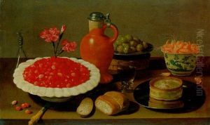 Wild Strawberries In A Porcelain Bowl With Carnations, A Stoneware Flagon, A Roemer With Other Objects On A Wooden Ledge by Jacob Fopsen van Es