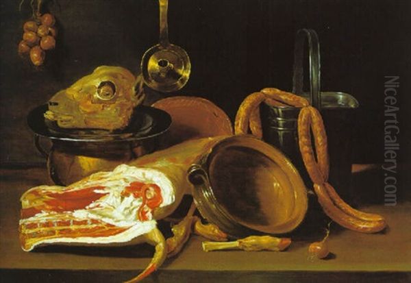 Stilleben Mit Fleisch, Wursten Und Kuchengeschirr - view 1