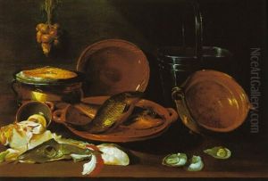 Stilleben Mit Fischen, Austern, Zwiebeln Und Kuchengeschirr