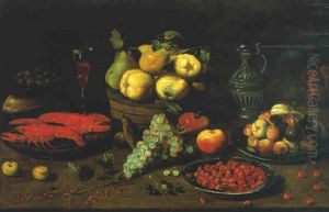 Lobsters On A Plate, Fruit On A Box And On Plates, A Wineglass And A Squirrel On A Table by Jacob Fopsen van Es