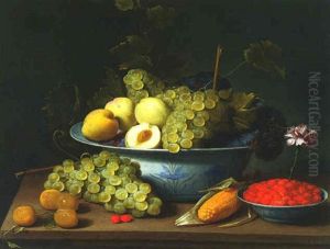 Still Life Of Fruits And Leaves And Strawberries And A Carnation In Wanli-kraak Bowls With Other Fruits And An Ear Of Corn On A Table by Jacob Fopsen van Es