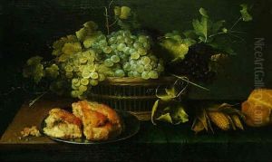 Nature Morte A La Corbeille De Raisins, Miches De Pain Et Epis De Mais Sur Un Entablement