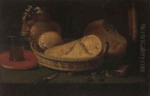 Nature Morte Au Verre De Vin, Fromage Et Miche De Pain