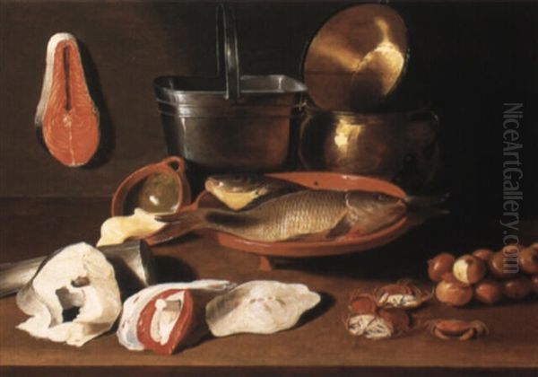 Still Life Of Fish, Earthenware Bowls, Copper Pots, A Bucket And Onions - view 1