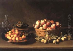 Basket Of Apples, Greengages And Glasses On A Table