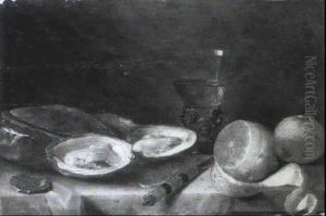 Still Life With Peeled Lemon, Oysters And A Roemer On A Ledge by Jacob Fopsen van Es