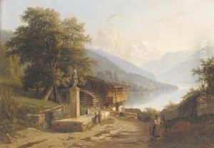 Figures By A Chalet Overlooking A Lake