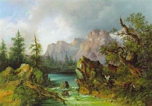 Kuhe Und Schafe Am Flusufer by Raymond-Noel Esbrat