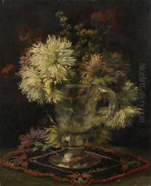 Vase De Chrysanthemes Sur Un Napperon Brode - view 1