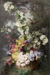 'arrangement Floral Printanier Dans Un Panier Pose Dans Un Paysage Avec Oiseaux'