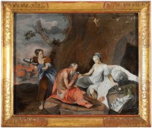 Lot Und Seine Tochter. Im Hintergrund Brennen Sodom Und Gomorrha
