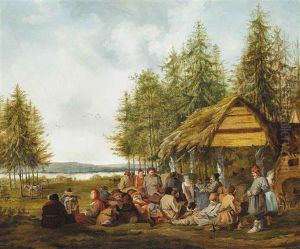 A Wooded River Landscape With Russian Peasants Resting by Charles Eschard