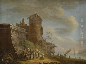 Kustlandskap Med Figurer Vid Byggnader by Charles Eschard