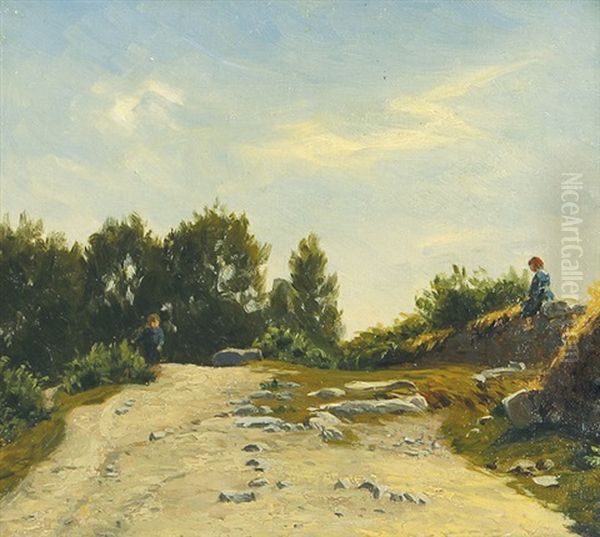 Bretonische Landschaft Einem Jungen Und Auf Einer Mauer Sitzendem Madchen - view 1