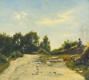 Bretonische Landschaft Einem Jungen Und Auf Einer Mauer Sitzendem Madchen by Hermann Eschke
