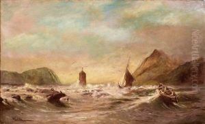 Coastal Scene With Fishing Boat And Rowing Boat To Foreground In Choppy Seas