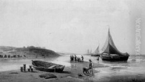 Fischer Mit Frischem Fang An Der Kuste Der Normandie by Hermann Eschke