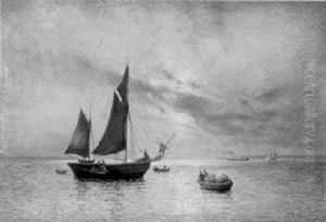Fischerboote Nahe Der Kuste Im Licht Der Untergehenden Sonne by Hermann Eschke
