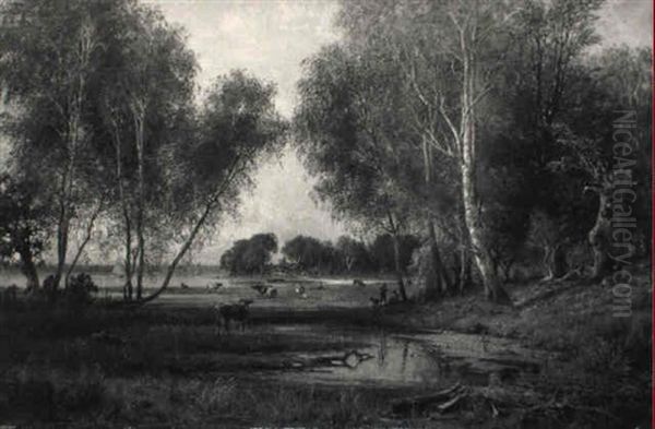 A Wooded River Landscape With Herdsmen Resting And Cattle Grazing - view 1