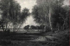 A Wooded River Landscape With Herdsmen Resting And Cattle Grazing by Hermann Eschke