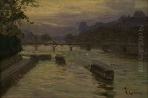 Die Seine Bei Paris Mit Dem Pont Des Arts Und Dem Louvre Im Abendlicht by Richard Hermann Eschke