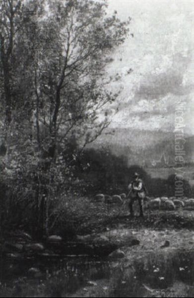 Schafer Mit Seiner Herde An Einem Teich Im Gebirgstal - view 1