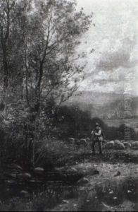 Schafer Mit Seiner Herde An Einem Teich Im Gebirgstal Schafer Mit Seiner Herde An Einem Teich Im Gebirgstal