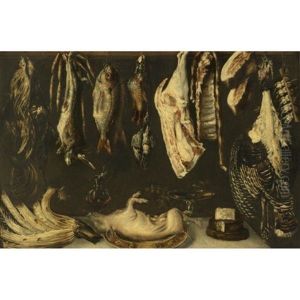 Still Life With Fish And Game Hanging From A Wood Beam, With A Pig On A Platter, Cheese, A Cardoon And Other Objects Resting On A Table Still Life With Fish And Game Hanging From A Wood Beam, With A Pig On A Platter, Cheese, A Cardoon And Other Objects Resting On A Table